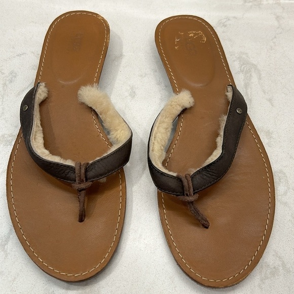 Ugg Fur Flip Wooden Bottom Flops Women’s Size 8 - Picture 2 of 14